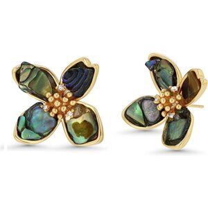 18K Gold Plated Mother of Pearl Flower Stud Earrings with Abalone Shell & Turquo